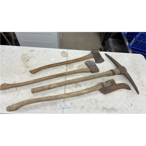Vintage Hand Tool Lot: Double-Bit Felling Axe, Hatchet, Pickaxe, and Brush Hook