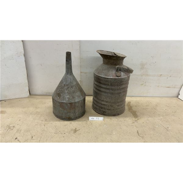 Vintage Galvanized Metal Milk Can with Handle and Matching Galvanized Metal Funnel