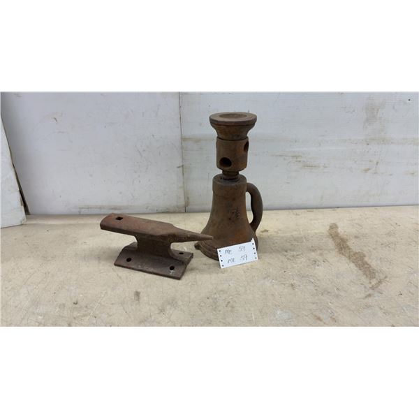 Vintage Cast Iron 7 1/2 Ton Screw Jack and Small Anvil, 4 1/4 × 11 1/4 × 4 1/4”