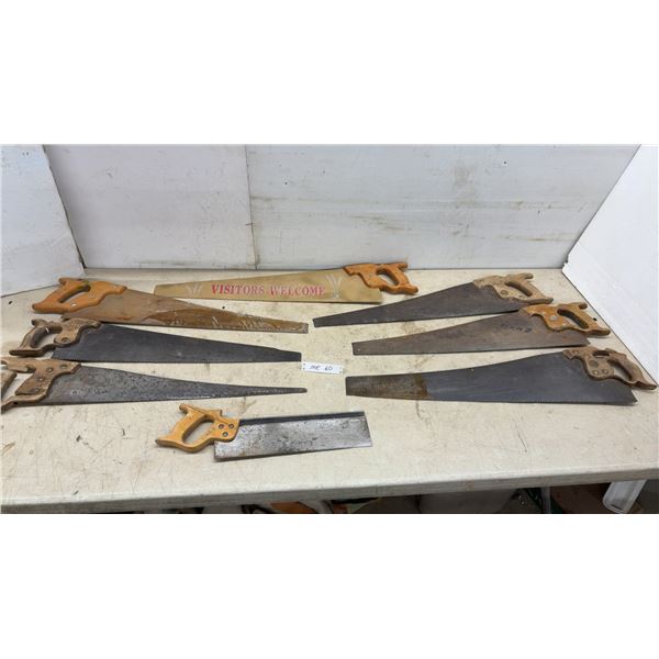 Vintage Hand Saw Collection Including Disston, Backsaw, and "Visitors Welcome" Novelty Saw