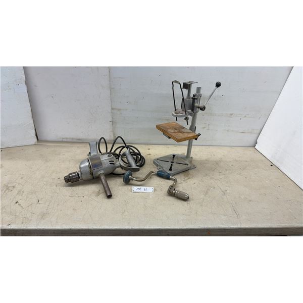 Vintage Electric Drill, Drill Press Stand, and Hand-Crank Brace Drill