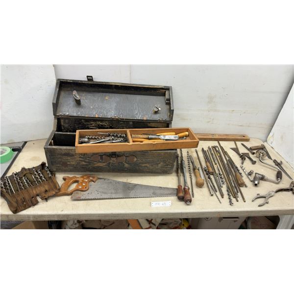 Vintage Wooden Carpenters Toolbox With Auger Bits, Chisels, Gouges, Brace Drill, Hand Saw