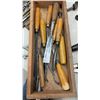 Image 4 : Vintage Wooden Carpenters Toolbox With Auger Bits, Chisels, Gouges, Brace Drill, Hand Saw