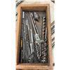Image 5 : Vintage Wooden Carpenters Toolbox With Auger Bits, Chisels, Gouges, Brace Drill, Hand Saw