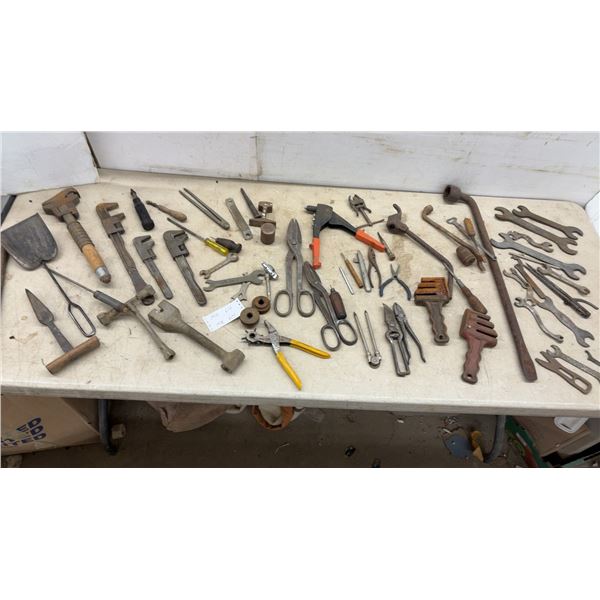 Assortment of Vintage Tools Including Pipe Wrenches, Tin Snips, Spanners, Pliers, Shovel