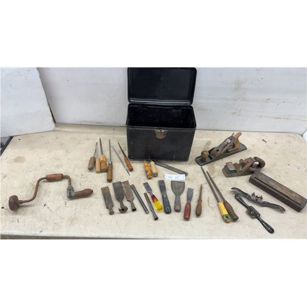 Vintage Stanley Bailey Bench Plane, Transitional Plane, Brace Drill, Chisels, Files