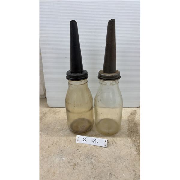 Two Vintage Imperial Quart Glass Motor Oil Dispensing Bottles with Pour Spouts