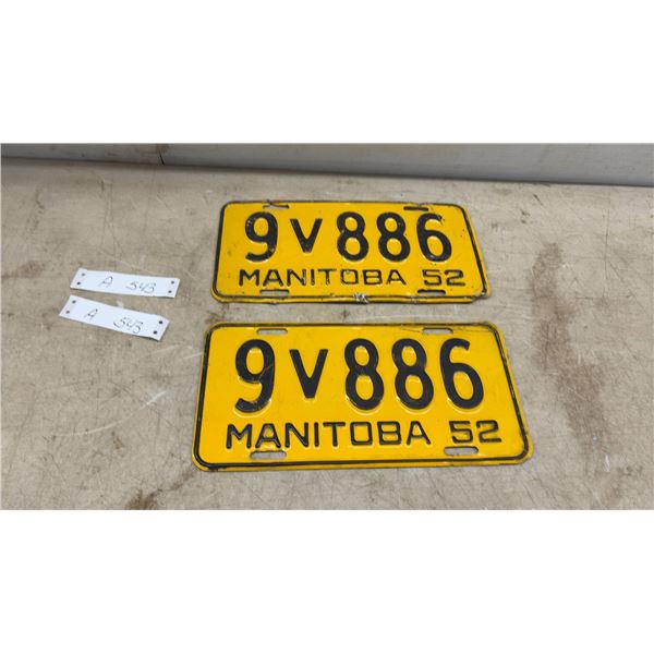 Pair of Vintage 1952 Manitoba License Plates 9V 886