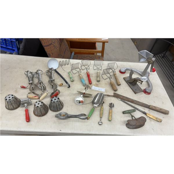 Vintage Cast Metal Manual Food Grinder with Wooden Crank, Suction Cups, Hand Mixers, Mashers