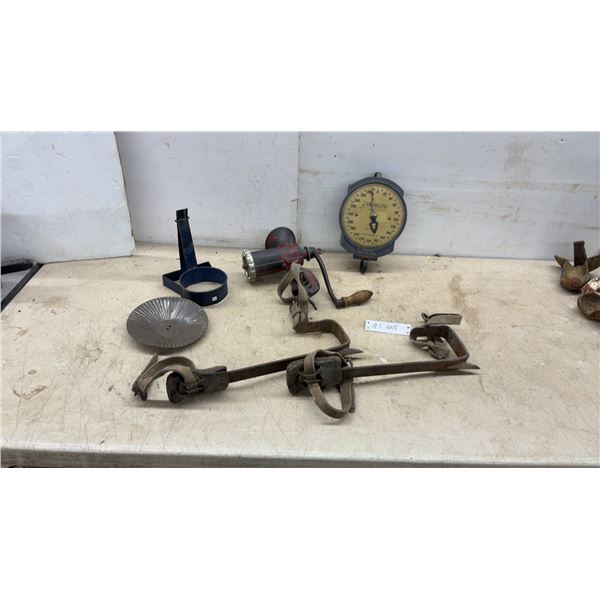 Detecto No. 11S 400 Lb. Scale, Meat Grinder, Climbing Spurs