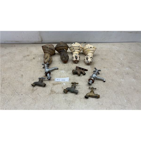 Set of Four Antique Cast Iron Clawfoot Tub Feet and Seven Assorted Vintage Metal Spigots