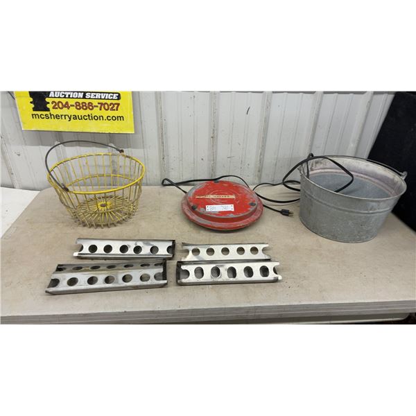Vintage Electric Egg Washer, Yellow Wire Egg Basket, Heated Galvanized Pail and Egg Holder Trays
