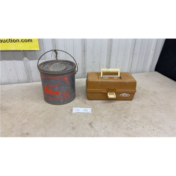 Vintage Metal Minnow Bucket and Old Pal Two-Tray Cantilever Tackle Box With Tackle