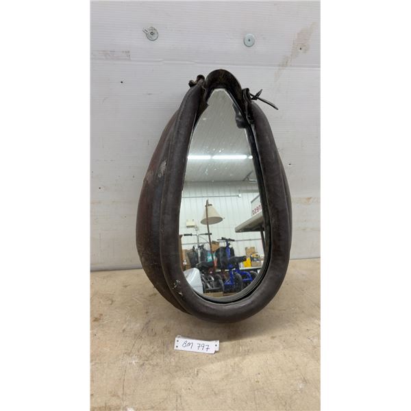 Antique Leather Horse Collar Repurposed Wall Mirror, Approximately 26 × 17”
