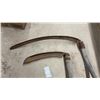 Image 2 : Pair of Vintage Hand Scythes with Curved Wooden Snaths and Rusted Metal Blades