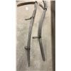 Image 3 : Pair of Vintage Hand Scythes with Curved Wooden Snaths and Rusted Metal Blades