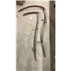 Image 4 : Pair of Vintage Hand Scythes with Curved Wooden Snaths and Rusted Metal Blades