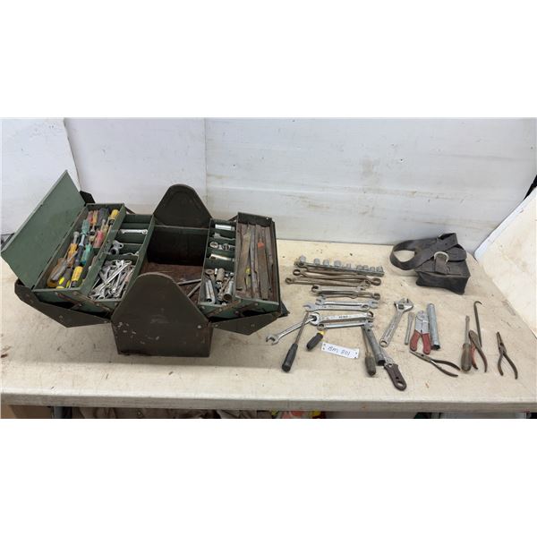 Vintage Green Metal Cantilever Toolbox with Screwdrivers, Wrenches, Files