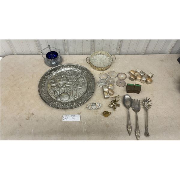 Silver Serving Tray, Napkin Holders (8 From Eatons), 2 Brass Boxes, Tea Strainer and Cutlery
