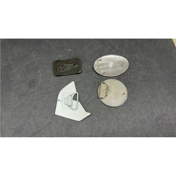 Four Belt Buckles: Co-op Feeds, Engraved Silver-Tone, Pepsi-Cola, and Famous Stars and Straps