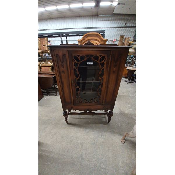 Antique Walnut china Cabinet with Fretwork Glass Door and Turned Legs. 61”×39”×15”