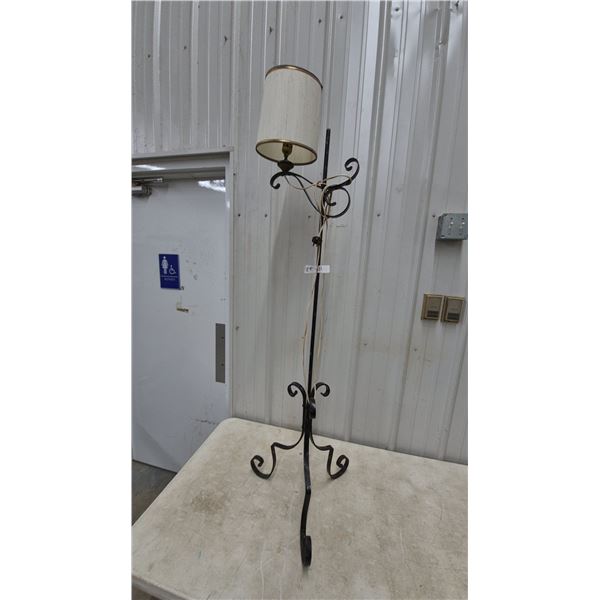 Vintage Wrought Iron Scrollwork Floor Lamp with Cream Fabric Drum Shade