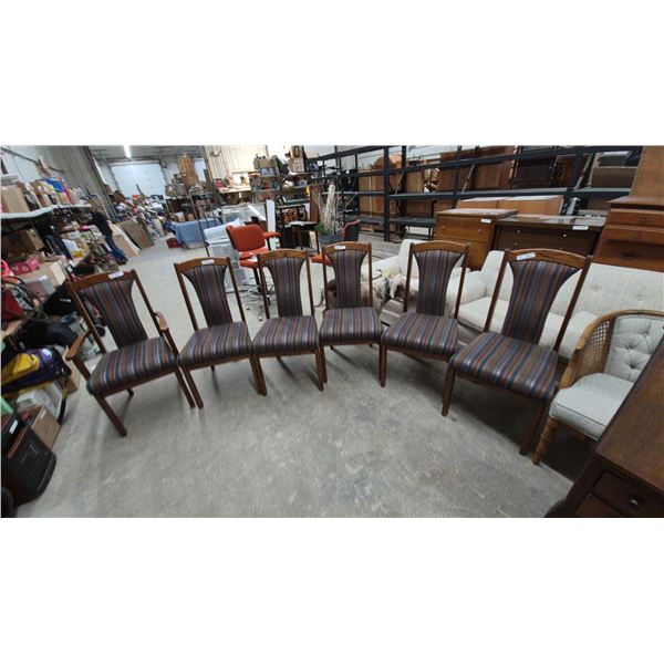 Set of 6 Wooden Dining Chairs With Striped Upholstered Seats and Backs, 1 Armchair, 5 Side Chairs