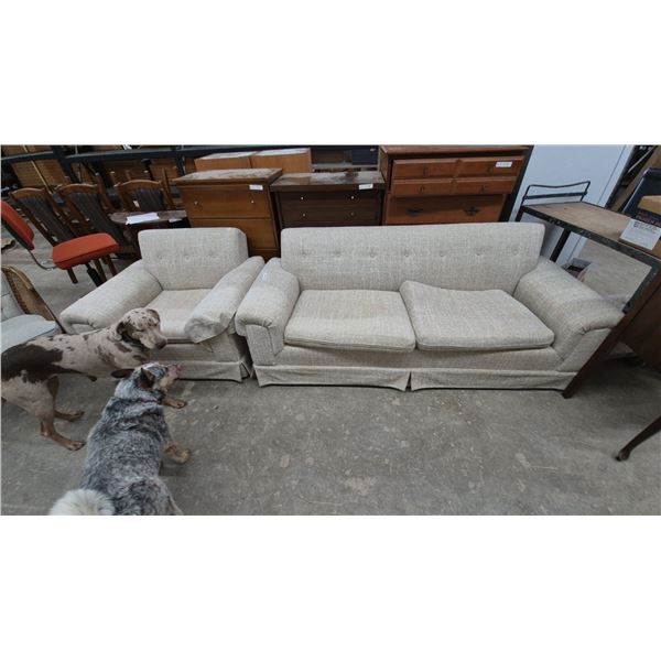 Upholstered Button-Tufted Sofa 76” and Matching Armchair Set with Skirted Base, Beige Fabric