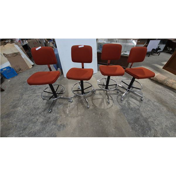 Set of 4 Adjustable Drafting Chairs, Red-Orange Fabric, Chrome Base With Casters and Footrest