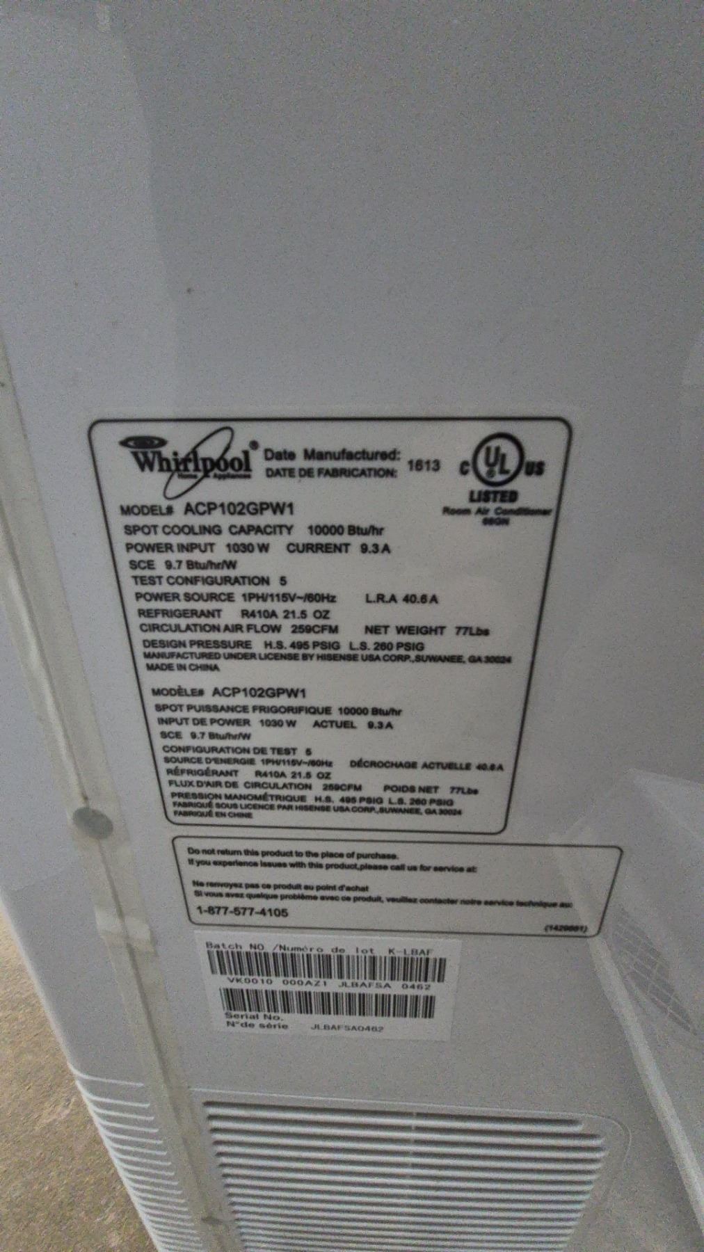 Whirlpool Portable Air Conditioner, Remote Control, and Exhaust Hose ...