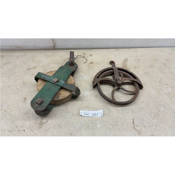 Vintage Pulleys Including Wooden Sheave Iron Frame and 10” Cast Iron Spoked Well Pulley