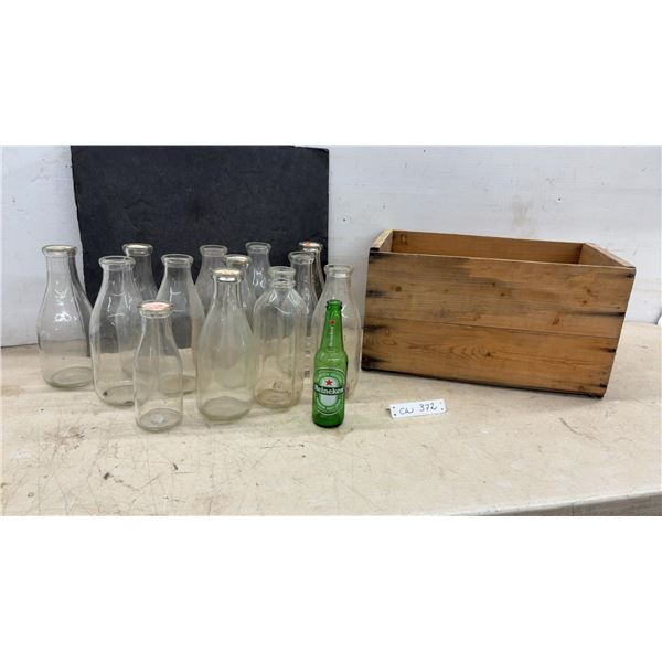 Vintage Laurel Co-Op Union Wooden Crate with Clear Milk Bottles and Heineken Beer Bottle