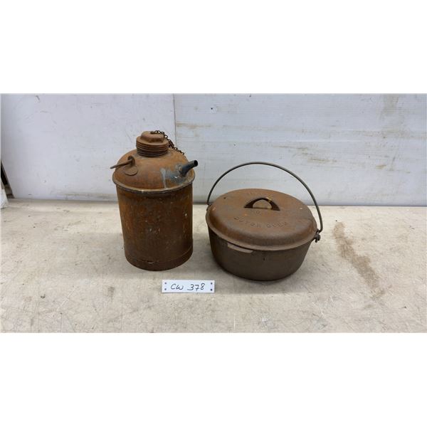 Vintage Smart No. 8 Cast Iron Dutch Oven with Lid and Antique Metal Can with Spout