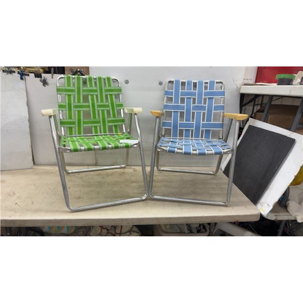 Pair of Vintage Aluminum Folding Webbed Lawn Chairs, Green and White, Blue and White