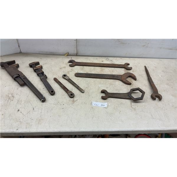 Antique Trimo 18” Pipe Wrench, 15” Monkey Wrench, Large Open-End Spanners