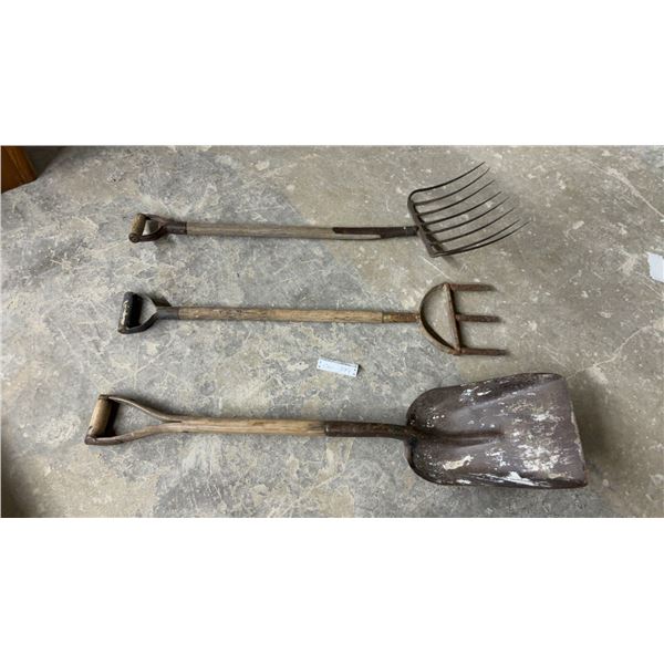 Vintage 8-Tine Pitchfork, 3-Tine Digging Fork, and Round-Point Shovel with Wooden D-Grip Handles