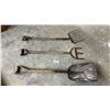 Image 1 : Vintage 8-Tine Pitchfork, 3-Tine Digging Fork, and Round-Point Shovel with Wooden D-Grip Handles