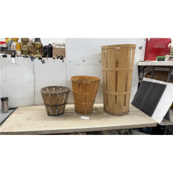 Three Vintage Wooden Bushel and Orchard Baskets, Various Sizes