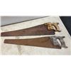 Image 2 : Vintage Wooden Handle Hand Saws and Wooden Level