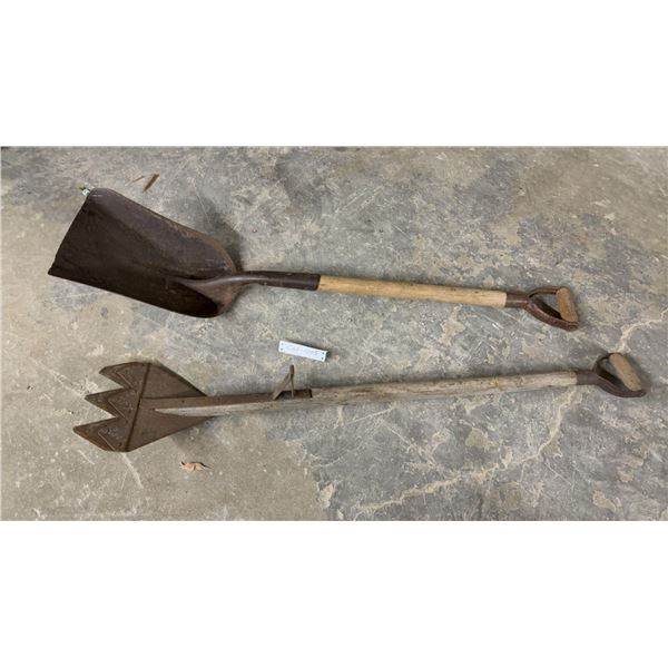 Vintage D-Handle Square-Point Shovel and Manual Triple-Tine Root Extractor