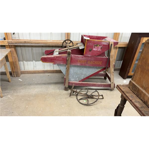 Antique Hand-Crank Smut Machine / Grain Pickler Red Painted Wood Frame with Galvanized Metal Grain