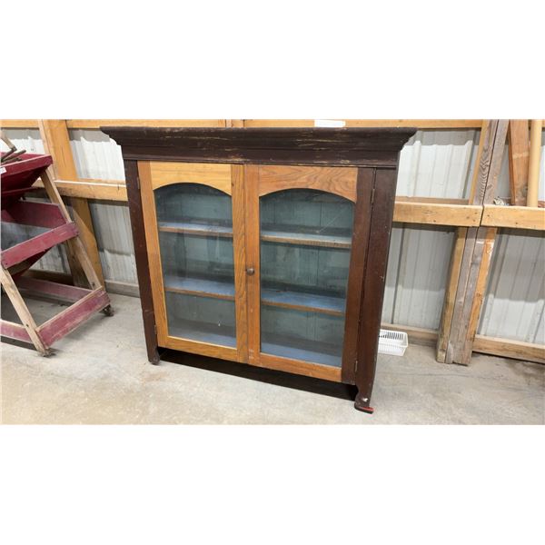Antique Two-Door Glass Front Wooden Display Cabinet with 3 Interior Shelves, 47 1/2 × 50 1/2 × 13”