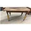 Image 3 : Antique Wooden Table with Turned Legs and Yellow-Painted Metal Leg Extenders on Casters