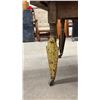 Image 5 : Antique Wooden Table with Turned Legs and Yellow-Painted Metal Leg Extenders on Casters
