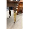 Image 6 : Antique Wooden Table with Turned Legs and Yellow-Painted Metal Leg Extenders on Casters