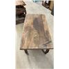 Image 7 : Antique Wooden Table with Turned Legs and Yellow-Painted Metal Leg Extenders on Casters