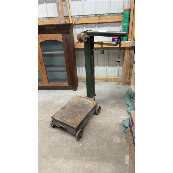 Antique Columbus Scale Company Cast Iron Platform Scale with Wheels, Brass Beam and Weights