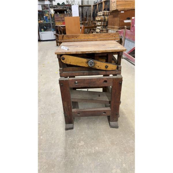 Antique Wooden Hand-Cranked Table Saw with Slatted Top and Pulley Mechanism, Late 19th Century