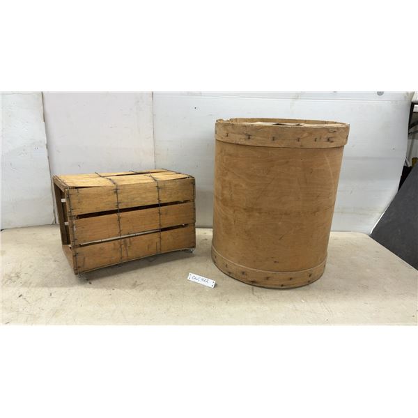 Vintage W. H. Hutchinson and Son Wooden Shipping Drum, 22 × 18 1/2” and Slatted Wire-Bound Wooden