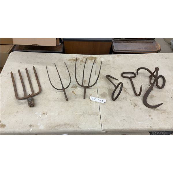 Antique Cast Iron Pitchfork Heads, Hay Fork Tines and Bale Hooks